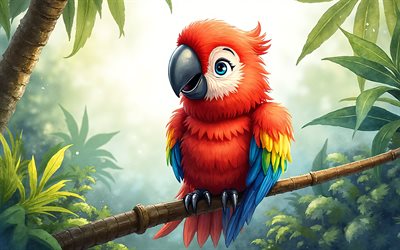 4k, arara, natureza abstrata, arte em aquarela, pássaros fofos, pintar arte, criativo, araras, pássaros de desenhos animados, arara fofa, obra de arte, arara dos desenhos animados