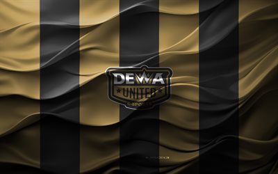 4k, logo dewa united, fond 3d noir doré, super ligue, emblème de dewa united, équipe indonésienne de football, drapeau dewa united, texture 3d, indonésie, dewa united, football, dewa united banten, dewa united fc