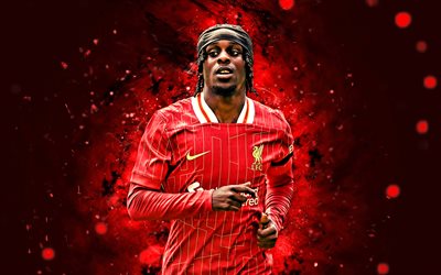 4k, jeremie frimpong, roter abstrakter hintergrund, liverpool, premier league, niederländische fußballer, jeremie frimpong 4k, rote neonlichter, fußball, lfc, liverpool fc, jeremie frimpong liverpool