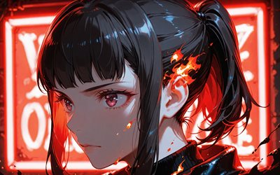 maki ozé, 4k, obscurité, force de feu, néons rouges, reine sorcière, fille du général oze, personnages d'anime, mangas, personnages des forces de feu, force de feu de maki oze