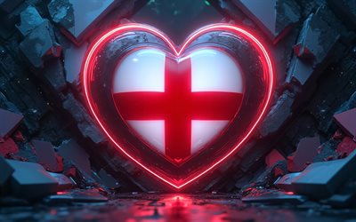 4k, jag älskar england, bokhög, röda neonljus, svart stenbakgrund, englands dag, englands flagg, 3d  konst, hjärta med engelsk flagga, 3d  hjärtan, engelska flagga, engelska, kärlek till england