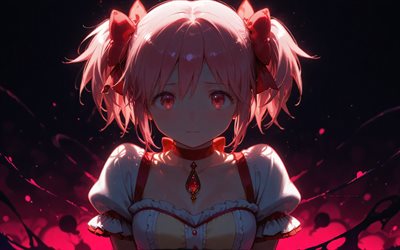 4k, Madoka Kaname, pink grunge background, The Puella Magi, darkness, red eyes, protagonist, red hair, Mahou Shoujo Madoka Magica, manga, Kaname Madoka, artwork, Madoka Kaname The Puella Magi