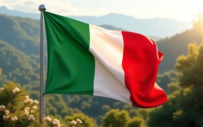 italens flagg, 4k, berglandskap, italiensk flagga, europa, italiensk flagga på en flaggstång, italien, kväll