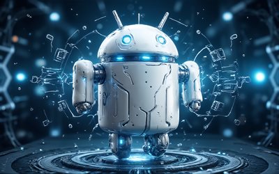 logotipo de android, 4k, luz de neón azul, arte metálico, signo de android, logotipo de metal 3d de android, símbolo de android, logotipo creativo de android, androide