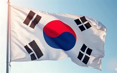 South Korea flag, 4k, evening, sunset, Flag of South Korea, South Korea flag against the sky, South Korea, blue sky, South Korea flag on flagpole, South Korea flag in the wind
