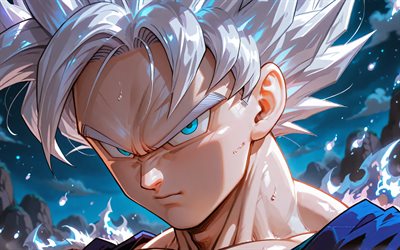 4k, goku ultra instinto, retrato, bola de dragón, arte 3d, llamas de fuego blanco, migatte no gokui, ultra instinto dominado, dragon ball súper, son gokú, dios súper saiyajin, dbs