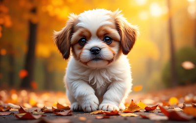 جرو شيه تزو, 4k, خريف, خوخه, غابة, كلاب, حيوانات لطيفة, الجراء, حيوانات أليفة, جرو في الغابة, شيه تزو