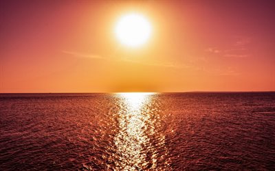 havsbild, hav, solnedgång, vågor, orange himmel, gyllene solnedgång, 4k
