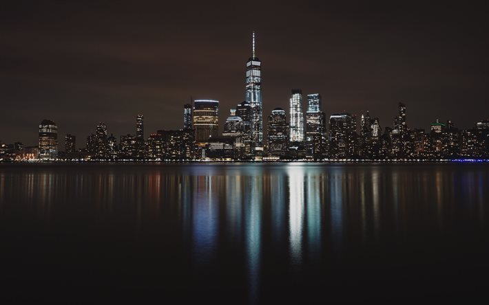 New York, 4k, paesaggi notturni, new york, grattacieli, America, USA