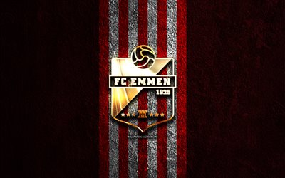 FC Emmen golden logo, 4k, red stone background, Eredivisie, dutch football club, FC Emmen logo, soccer, FC Emmen emblem, FC Emmen, football, Emmen FC