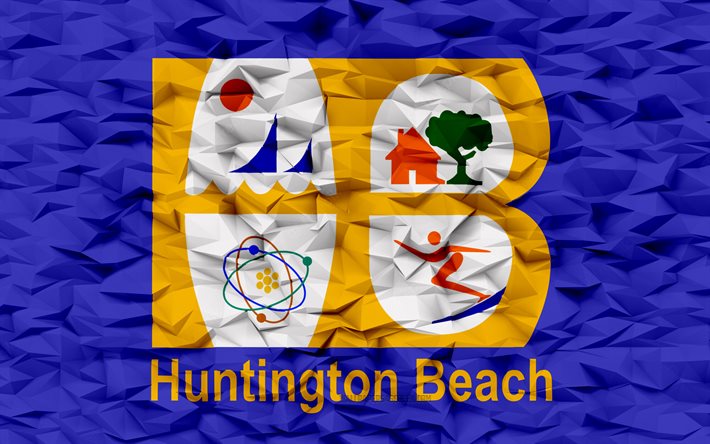 drapeau de huntington beach, californie, 4k, villes américaines, fond de polygone 3d, drapeau de la plage de huntington, texture de polygone 3d, jour de huntington beach, drapeau de la plage de huntington 3d, symboles nationaux américains, plage huntington, etats unis