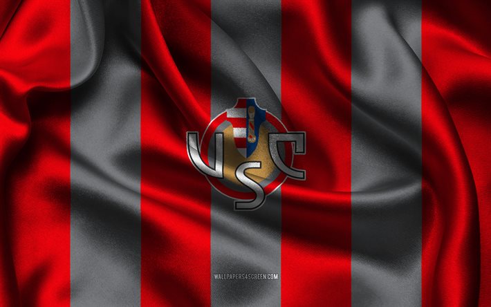 4k, us cremonese logo, punainen harmaa silkkikangas, italian jalkapalloseura, yhdysvaltain cremonese tunnus, serie a, yhdysvaltain cremonese merkki, italia, jalkapallo, yhdysvaltain cremonese lippu