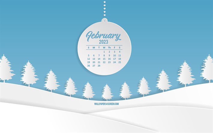 2023 فبراير التقويم, 4k, غابة الشتاء الخلفية, 2023 مفاهيم, قالب الشتاء, تقويم فبراير 2023, شهر فبراير, خلفية الشتاء الأزرق, أشجار بيضاء