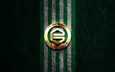 goldenes logo des fc groningen, 4k, grüner steinhintergrund, eredivisie, niederländischer fußballverein, fc groningen logo, fußball, fc groningen emblem, fc groningen, groningen fc