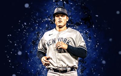Anthony Rizzo, 4k, blue neon lights, New York Yankees, MLB, Baseman, Tony, Anthony Rizzo 4K, baseball, blue abstract background, Anthony Rizzo New York Yankees, NY Yankees