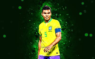 casemiro, 4k, 2022, brasilian maajoukkue, jalkapallo, jalkapalloilijat, vihreät neon valot, brasilian jalkapallojoukkue, casemiro 4k