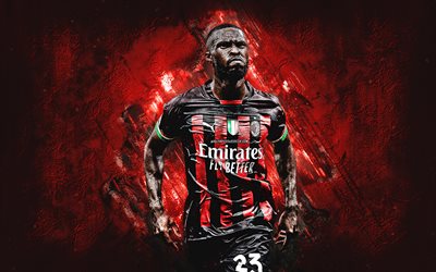 Fikayo Tomori, AC Milan, English footballer, defender, red stone background, football, Oluwafikayomi Oluwadamilola Tomori, Italy
