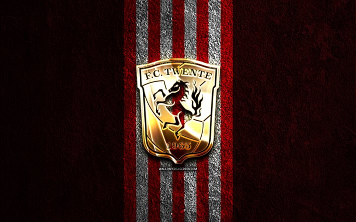 Download FC Twente golden logo, 4k, red stone background, Eredivisie ...