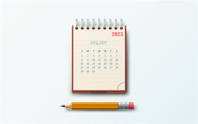 2023年1月カレンダー, 4k, メモ帳紙, 2023年のコンセプト, 文房具の背景, 2023年カレンダー, 1月, クリエイティブアート