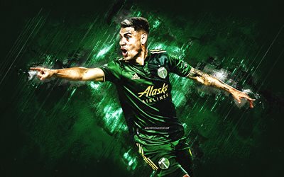 Felipe Mora, Portland Timbers, portrait, Chilean soccer player, forward, MLS, USA, green stone background, Major League Soccer