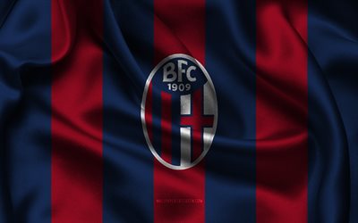4k, logotipo del bolonia fc, tela de seda azul roja, club de fútbol italiano, emblema del bolonia fc, serie a, insignia del bolonia fc, italia, fútbol, bandera del bolonia fc