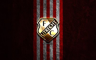 FC Utrecht golden logo, 4k, red stone background, Eredivisie, dutch football club, FC Utrecht logo, soccer, FC Utrecht emblem, FC Utrecht, football, Utrecht FC