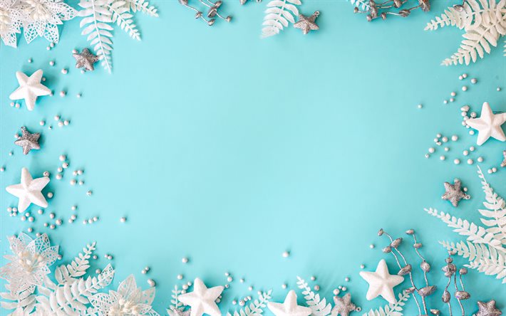 marco de invierno azul, elementos de invierno blanco, copos de nieve, estrellas blancas, marco de navidad, año nuevo, fondo azul invierno