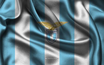 4k, logo ss lazio, tissu de soie blanc bleu, club de football italien, emblème ss lazio, série a, insigne ss lazio, italie, football, drapeau ss latium, latium
