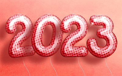 4k, 2023 Happy New Year, creative, pink realistic balloons, 2023 concepts, 2023 balloons digits, Happy New Year 2023, 2023 pink background, 2023 year, 2023 3D digits
