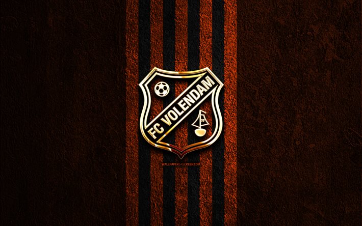 شعار fc volendam الذهبي, 4k, خلفية الحجر البرتقالي, إيرديفيسي, نادي كرة القدم الهولندي, شعار fc volendam, كرة القدم, إف سي فولندام, فولندام إف سي