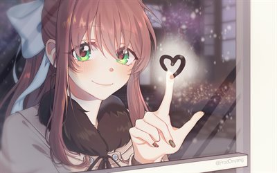 Monika, 4k, manga, Doki Doki Literature Club, heart on glass, antagonist, Monika Doki Doki Literature Club