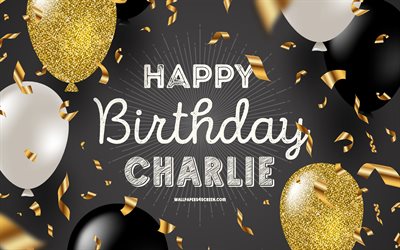 4k, buon compleanno charlie, sfondo di compleanno dorato nero, charlie compleanno, charlie, palloncini neri dorati
