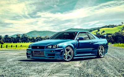 nissan skyline, hdr, 2001 voitures, hors route, nissan gt r r34, voitures japonaises, bleu nissan skyline, nissan