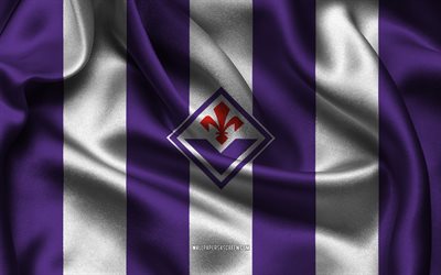 4k, logo acf fiorentina, tessuto di seta bianco viola, società di calcio italiana, stemma dell'acf fiorentina, serie a, italia, calcio, bandiera acf fiorentina