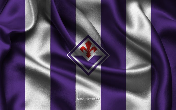 4k, logo acf fiorentina, tecido de seda branco roxo, clube de futebol italiano, emblema da acf fiorentina, série a, distintivo acf fiorentina, itália, futebol, bandeira acf fiorentina