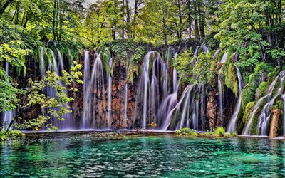 폭포, 플리트비체 호수, 숲, 아름다운 폭포, 푸른 나무, 여름, 플리트비체 호수 국립공원, 크로아티아