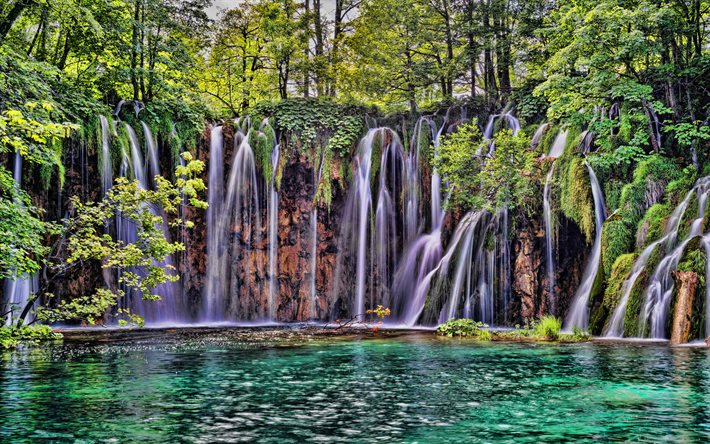 cascata, lagos de plitvice, floresta, bela cachoeira, árvores verdes, verão, cachoeiras, parque nacional dos lagos de plitvice, croácia