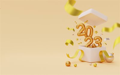 Happy New Year 2023, 4k, 2023 concepts, 2023 yellow background, 2023 balloons background, gold balloons numbers, 2023 Happy New Year, 2023 art