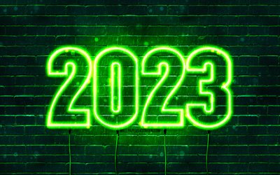 bonne année 2023, 4k, mur de briques vertes, concepts 2023, 2023 chiffres au néon, néon, créatif, 2023 fond vert, 2023 année, 2023 chiffres verts