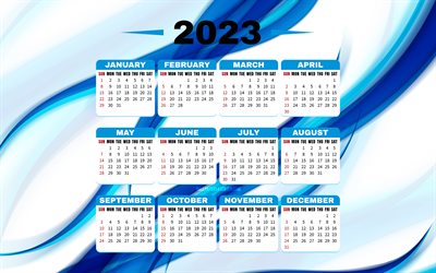 calendario blu 2023, 4k, onde astratte blu, tutti i mesi, calendario 2023, concetti del 2023, creativo, calendario astratto 2023, sfondo astratto blu, calendario di tutti i mesi 2023