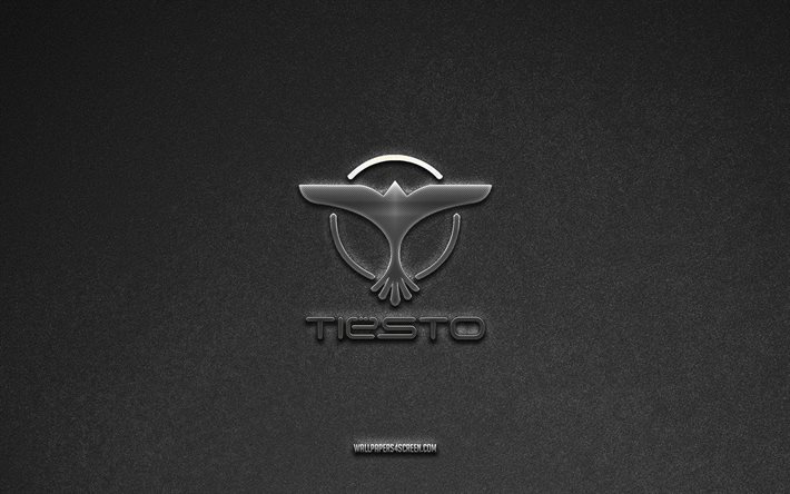 Tiesto logo, music brands, gray stone background, Tiesto emblem, music logos, Tiesto, music signs, Tiesto metal logo, stone texture