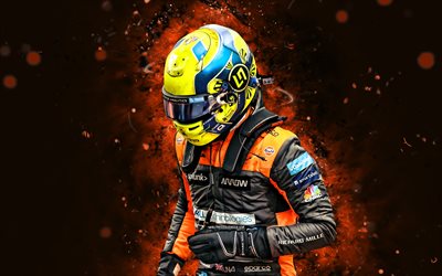 ランド・ノリス, 4k, オレンジ色のネオン, イギリスのレーシングドライバー, マクラーレン レーシング リミテッド, マクラーレン・メルセデス, 式1, マクラーレン, オレンジ色の抽象的な背景, f1, フォーミュラワン, ノリス・マクラーレン
