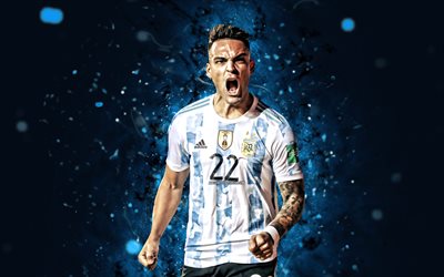 Lautaro Martinez, 4k, 2022, blue neon lights, Argentina National Football Team, soccer, footballers, blue abstract background, Argentinean football team, Lautaro Martinez 4K