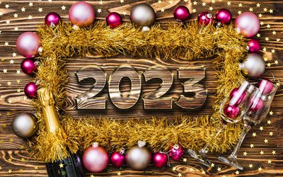 4k, 2023 felice anno nuovo, orpelli d'oro, cornici di natale, concetti del 2023, 2023 cifre di vetro, addobbi natalizi, felice anno nuovo 2023, creativo, 2023 fondo in legno, palline di natale rosa, anno 2023, buon natale