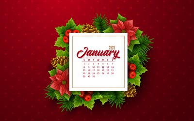 calendário de janeiro de 2023, 4k, elementos de natal, conceitos de 2023, janeiro, fundo vermelho, modelo de 2023, arte criativa