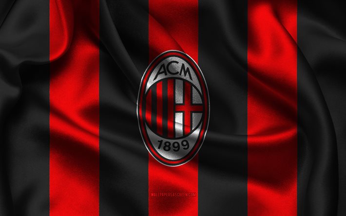 4k, ac milan logo, punainen musta silkkikangas, italian jalkapalloseura, ac milanin tunnus, serie a, ac milan  merkki, italia, jalkapallo, ac milanin lippu