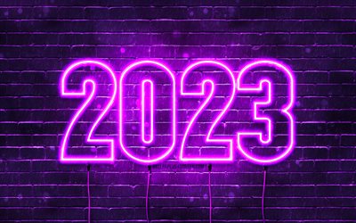 4k, 2023년 새해 복 많이 받으세요, 보라색 벽돌 벽, 전선, 2023년 컨셉, 2023 네온 숫자, 네온 아트, 창의적인, 2023 보라색 배경, 2023년, 2023 보라색 숫자