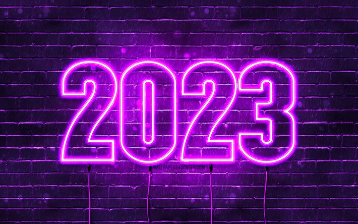 4k, 明けましておめでとうございます 2023, バイオレット ブリックウォール, 電線, 2023年のコンセプト, 2023 ネオン数字, 2023年明けましておめでとうございます, ネオンアート, クリエイティブ, 2023 紫色の背景, 2023年, 2023 バイオレット桁