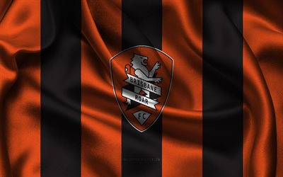 4k, logo brisbane roar fc, tissu de soie noire orange, équipe de football australienne, brisbane roar fc emblem, a ligue, brisbane roar fc, australie, football, drapeau brisbane roar fc