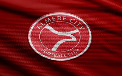 logotipo de tecido almere city fc, 4k, fundo de tecido vermelho, erredivisie, bokeh, futebol, logotipo almere city fc, almere city fc emblem, cidade de almere, clube de futebol holandês, almere city fc